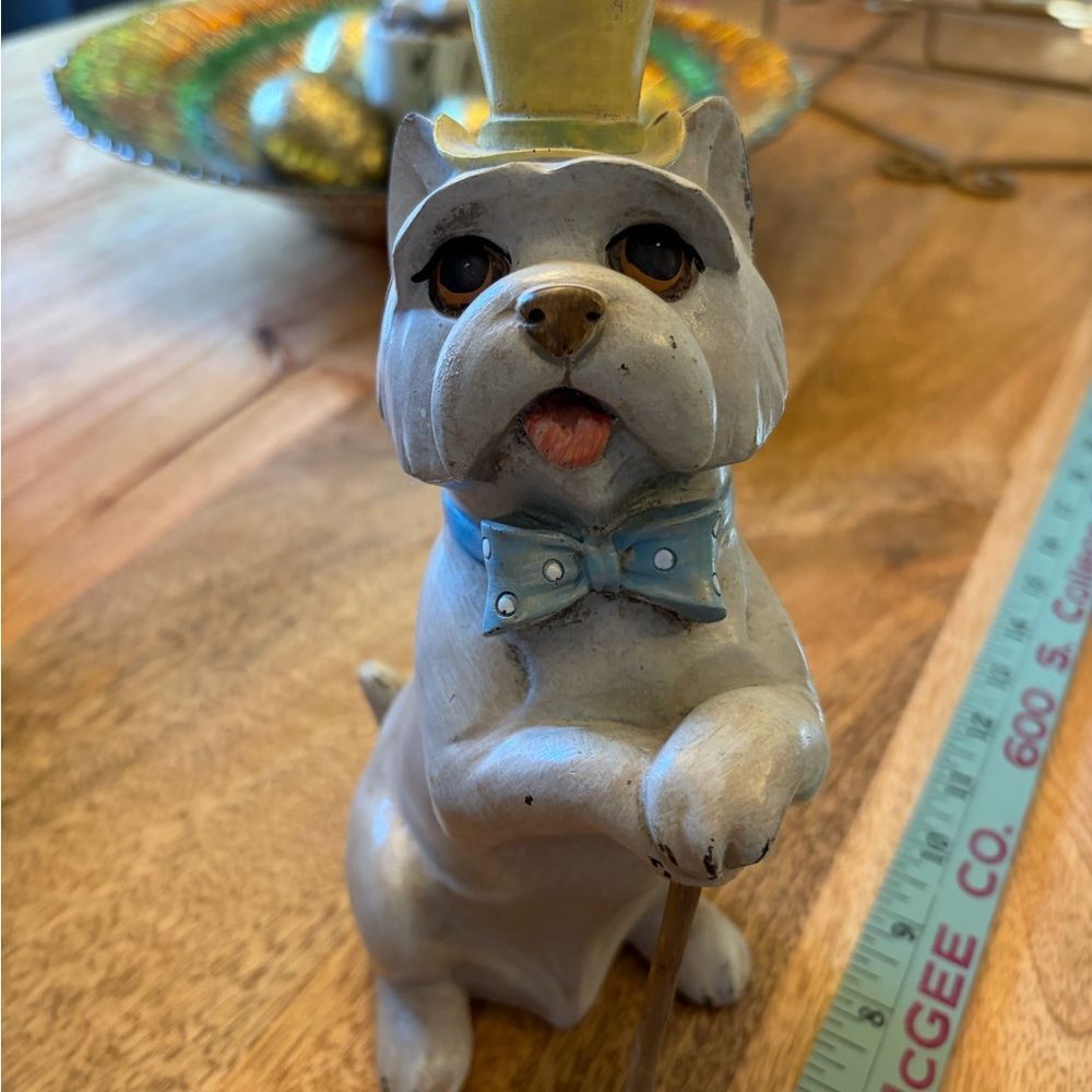 Charming dapper top hat cane Dog Figurine with Hat and Bow Tie